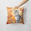 American Shorthair Cat in Fall Leaves Throw Pillow Machine Washable, Indoor Outdoor Decorative Pillow for Couch, Bed or Patio, 18Hx18W