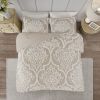 3 piece Tufted Cotton Chenille Damask Comforter Set Taupe King/Cal King