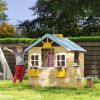 Wooden Playhouse for Kids Outdoor Garden with Working Door, Windows, Bench, Service Station, Flowers Pot Holder, Blue