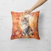 Oriental Longhair Cat in Fall Leaves Throw Pillow Machine Washable, Indoor Outdoor Decorative Pillow for Couch, Bed or Patio, 18Hx18W