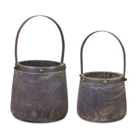 Pail (Set of 2) 7.5"D x 11.75"H, 9"D x 14"H Wood/Steel (Option: Brown)