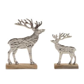 Deer on Base (Set of 2) 7"H, 9.5"H Wood/Aluminum (Option: Silver, Brown)