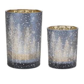 Candle Holder (Set of 2) 4.5"H, 6.5"H Glass (Option: Blue, Gray)