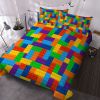 3pc Colorful Toy Building Blocks Background Pattern Duvet Cover Set, Fun and Colorful Bedding Sets for Kids Teen Boys Girls