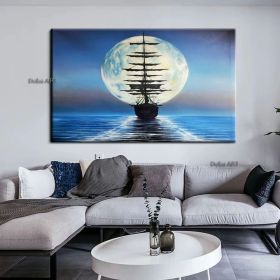 Handmade Sailboat Painting Seascape Original Art Boat Painting Nautical Artwork Full Moon Canvas Painting Night Sky Wall Art (size: 60X90cm)