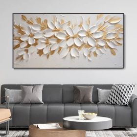 Handmade Oil Painting Gold Foil Flower Knife Canvas Painting Abstract Blooming White Floral Modern Light Luxury Texture Art Premium Home Wall Decor Mi (Style: 01, size: 40x80cm)