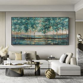Hand Painted Oil Painting Green Forest Painting on Canvas Abstract Gold Foil Oil Painting Trees Landscape Nature Textured Acrylic Painting Large Wall (Style: 01, size: 70x140cm)