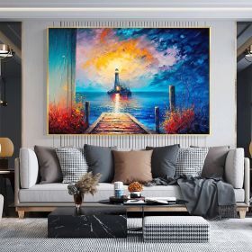 Hand Painted Oil Painting Abstract Coastal Landscape Oil Painting On Canvas Large Wall Art Original Lighthouse Painting Sunset Painting Custom Paintin (Style: 01, size: 150x220cm)