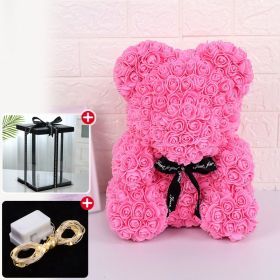 Artificial Rose Bear Flower  With Box and Light (Ships From: China, Color: 25CM-Dark Pink)