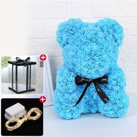 Artificial Rose Bear Flower  With Box and Light (Ships From: China, Color: 25CM-Sky Blue)