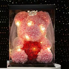 Artificial Rose Bear Flower  With Box and Light (Ships From: China, Color: 40CM-Crown Veil7)