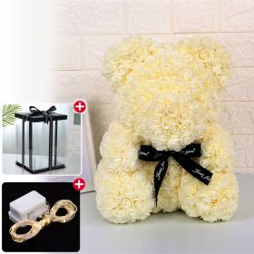 Rose Bear Artificial Flower With Box and Light Rose Teddy Bear Wedding Decor Christmas Women Valentines Girlfriend Birthday Gift (Ships From: China, Color: Milk White)
