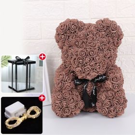 Rose Bear Artificial Flower With Box and Light Rose Teddy Bear Wedding Decor Christmas Women Valentines Girlfriend Birthday Gift (Ships From: China, Color: Brown)