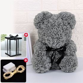 Rose Bear Artificial Flower With Box and Light Rose Teddy Bear Wedding Decor Christmas Women Valentines Girlfriend Birthday Gift (Ships From: China, Color: Grey)