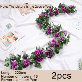 2pcs Rose Vine Flowers Garland Plant Artificial, Wall Hanging Flower Rattan Plant Leaf, Wedding, Home, Garden Decor (Ships From: CN, Color: Purple)