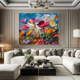 Colorful Floral Canvas Art Vibrant Flower Oli Painting on Canvas Textured Acrylic Painting Impasto Cheerful Floral Art Living Room Wall Art (Style: 01, size: 60x60cm)