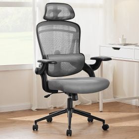 High Back Desk Chair with Adjustable Lumbar Support & Headrest,Comfortable Mesh Computer Chair with Soft Flip Up Arms, Adjustable Height and 120°Tilt (Color: Grey)