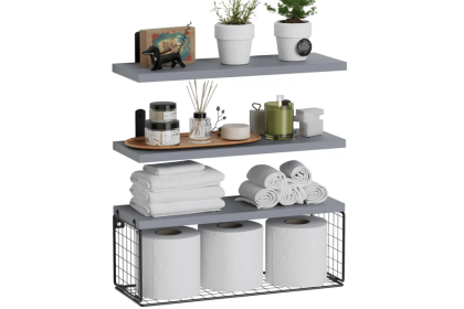 Bathroom Shelf Over Toilet, Floating Bathroom Shelf Wall Mounted with Wire Basket, Floating Shelf for Wall DÃ©cor (Color: Grey)
