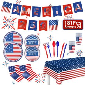 181Pcs 4th of July 250th Anniversary Party Supplies Set Independence Day Red White Blue Disposable Tableware with Plates Cups Cutlery Napkins Banner T (Quantity: 1 set)