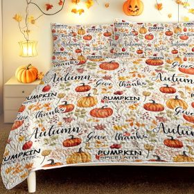 Pumpkin Autumn Leaves Design Quilt Set 3 Pieces All Seasons Bedding Quilt Bed Set with 2 Pillowcases for Kids Teens Adults Bedroom Decor Thanksgiving (Color: orange, size: Queen)