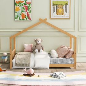 House Platform Bed with Headboard and Footboard,Roof Design,White (Color: Natural)