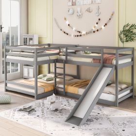 Full and Twin Size L-Shaped Bunk Bed with Slide and Short Ladde (Color: Gray)
