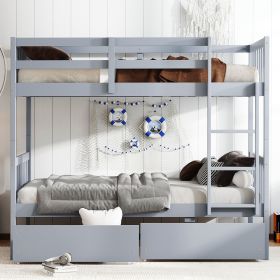 Twin Over Twin Rubber Wood Bunk Bed with 2 Drawers,Convertible into 2 Twin Beds,Twin Size Bunk Bed with Ladder and Safety Guardrails ,Grey (Material: Rubber Wood, Color: Grey)