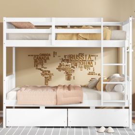 Twin Over Twin Rubber Wood Bunk Bed with 2 Drawers,Convertible into 2 Twin Beds,Twin Size Bunk Bed with Ladder and Safety Guardrails ,Grey (Material: Rubber Wood, Color: White)