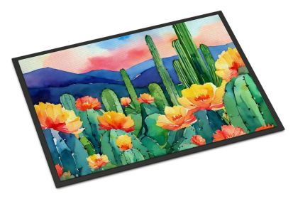 NEW Arizona Saguaro Cactus Blossom in Watercolor Doormat Front Door Mat Indoor Outdoor Rugs for Entryway, Non Slip Washable Low Pile, 18H X 27W (Default: Default)