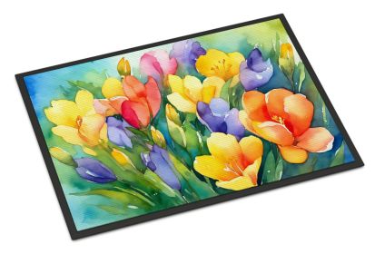 NEW Freesias in Watercolor Doormat Front Door Mat Indoor Outdoor Rugs for Entryway, Non Slip Washable Low Pile, 18H X 27W (Default: Default)