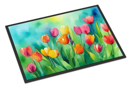 NEW Tulips in Watercolor Doormat Front Door Mat Indoor Outdoor Rugs for Entryway, Non Slip Washable Low Pile, 18H X 27W (Default: Default)
