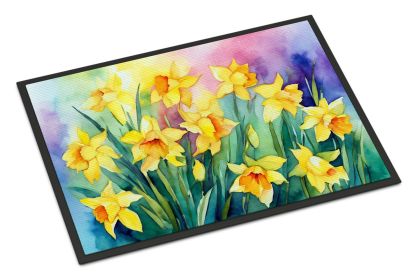 NEW Daffodils in Watercolor Doormat Front Door Mat Indoor Outdoor Rugs for Entryway, Non Slip Washable Low Pile, 18H X 27W (Default: Default)