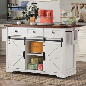 53.7" Farmhouse Kitchen Island with Power Outlet, 2 Sliding Barn Door Kitchen Storage Island with Drop Leaf, Spice Rack Rolling Kitchen Cart on Wheels (Material: Particle Board+MDF, Color: White)