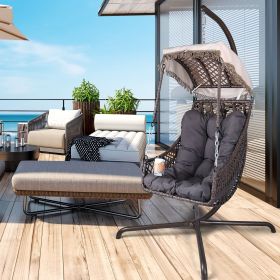 Swing Egg Chair with Stand Indoor Outdoor, UV Resistant Cushion Hanging Chair with Cup Holder, Anti-Rust with Wicker Rattan Frame 350lbs Capacity Ham (Color: Brown)