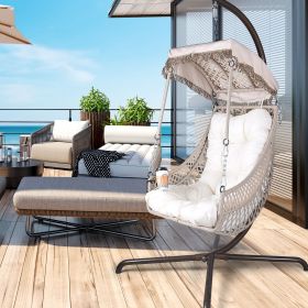 Swing Egg Chair with Stand Indoor Outdoor, UV Resistant Cushion Hanging Chair with Cup Holder, Anti-Rust with Wicker Rattan Frame 350lbs Capacity Ham (Color: Beige)