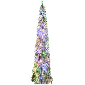 Tall Prelit Pencil Artificial Christmas Tree Holiday DÃ©cor with Snow Flocked Branches, Warm White or Colorful LED Lights, Downswept Shape (Color: green, size: 7ft)