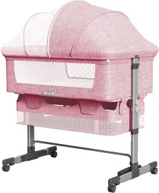 Baby Bassinet Bedside Sleeper 3 in 1 Bedside Crib, Adjustable Portable Bed for Infant/Baby/Newborn,with Mosquito Nets, Large Storage Bag, Comfortable (Color: Pink)