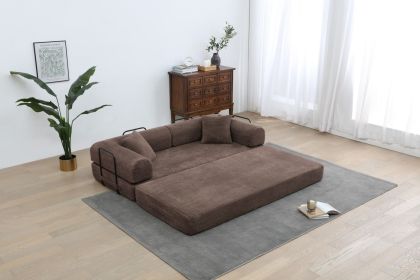 Convertible Sleeper Sofa Bed, Corduroy Folding Sofa Bed with Fixed-Shape Frame, Fold Out Floor Mattress Couch, Lazy Compression Sofa for Living Room (Color: Brown)
