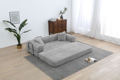 77.9'' Convertible Folding Sofa Bed â€“ 4-in-1 Modular Floor Couch, Corduroy Small Cloud Couch, Compressed Foldable Sleeper Sofa (Color: Light Gray)