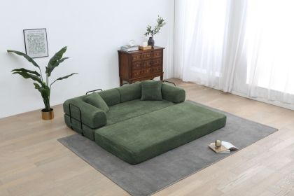 77.9'' Convertible Folding Sofa Bed â€“ 4-in-1 Modular Floor Couch, Corduroy Small Cloud Couch, Compressed Foldable Sleeper Sofa (Color: Army green)