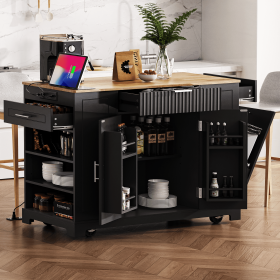 Fluted Kitchen Island with Trash Can Storage Cabinet, Power Outlet, Internal Storage Rack, Rolling Kitchen Islands on 5 Wheels with 3 Drawer (Material: MDF,Rubber Wood, Color: Black)