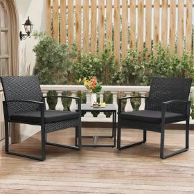 3 Piece Outdoor Furniture Set, 2 Waterproof Cushion Chairs and 1 Bistro Table, Wicker Rattan, Conversation Set (Color: Black Rattan Black Cushion)