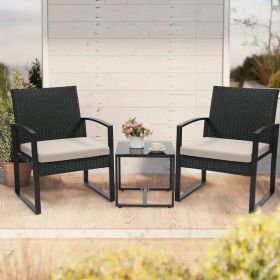 3 Piece Outdoor Furniture Set, 2 Waterproof Cushion Chairs and 1 Bistro Table, Wicker Rattan, Conversation Set (Color: Black Rattan Gray Floor Mat)