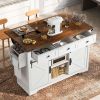53.7" Farmhouse Kitchen Island with Power Outlet, 2 Sliding Barn Door Kitchen Storage Island with Drop Leaf, Spice Rack Rolling Kitchen Cart on Wheels