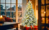 6FT Pre-Lit Spruce Snow Flocked Christmas Tree, Artificial Hinged Xmas Tree with 300 Multi-Color LED Lights, 8 Flashing Modes &790 Snow Branch Tips, H