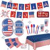 181Pcs 4th of July 250th Anniversary Party Supplies Set Independence Day Red White Blue Disposable Tableware with Plates Cups Cutlery Napkins Banner T