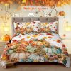 3PCS Colorful Oil Painting Pumpkin Pattern Quilt Set for All Seasons Flower Fall Leaves Bedding Set with 2 Pillowcases for Kids Adults Thanksgiving Da